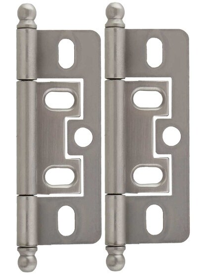 Pair of Solid Brass 2 1/2 inch Non-Mortise Ball-Tip Cabinet Hinges in Satin Nickel.